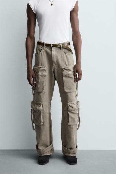 DENIM CARGO TROUSERS WITH POCKETS - Sand by Zara