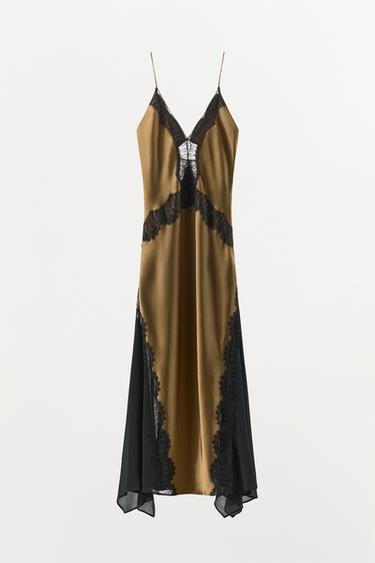 Zara COMBINATION SATIN LACE DRESS - Beige - Image 0