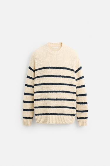 PULL RAYURES TEXTURÉ - Écru / Bleu marine de Zara