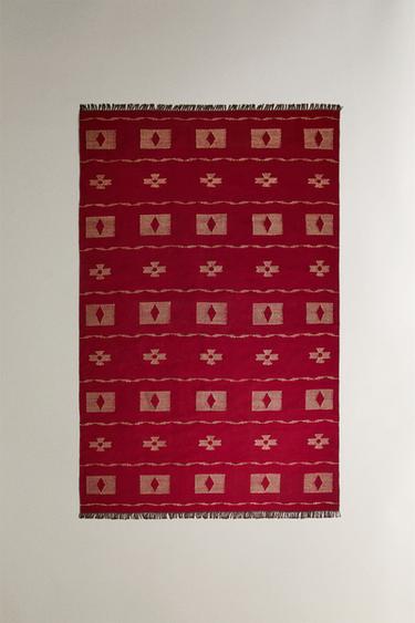 GEOMETRIC PRINT WOOL AND RAFFIA RUG - Red by Zara