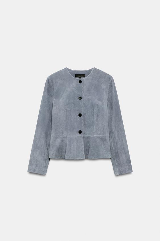 100% LEATHER PEPLUM JACKET - Light blue by Zara - Image 0