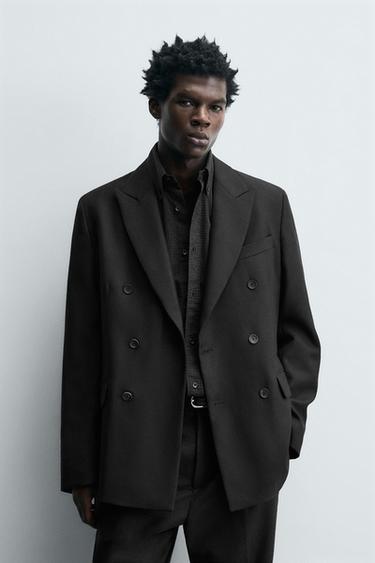 Zara 羊毛西裝雙排扣西裝外套 - 黑色