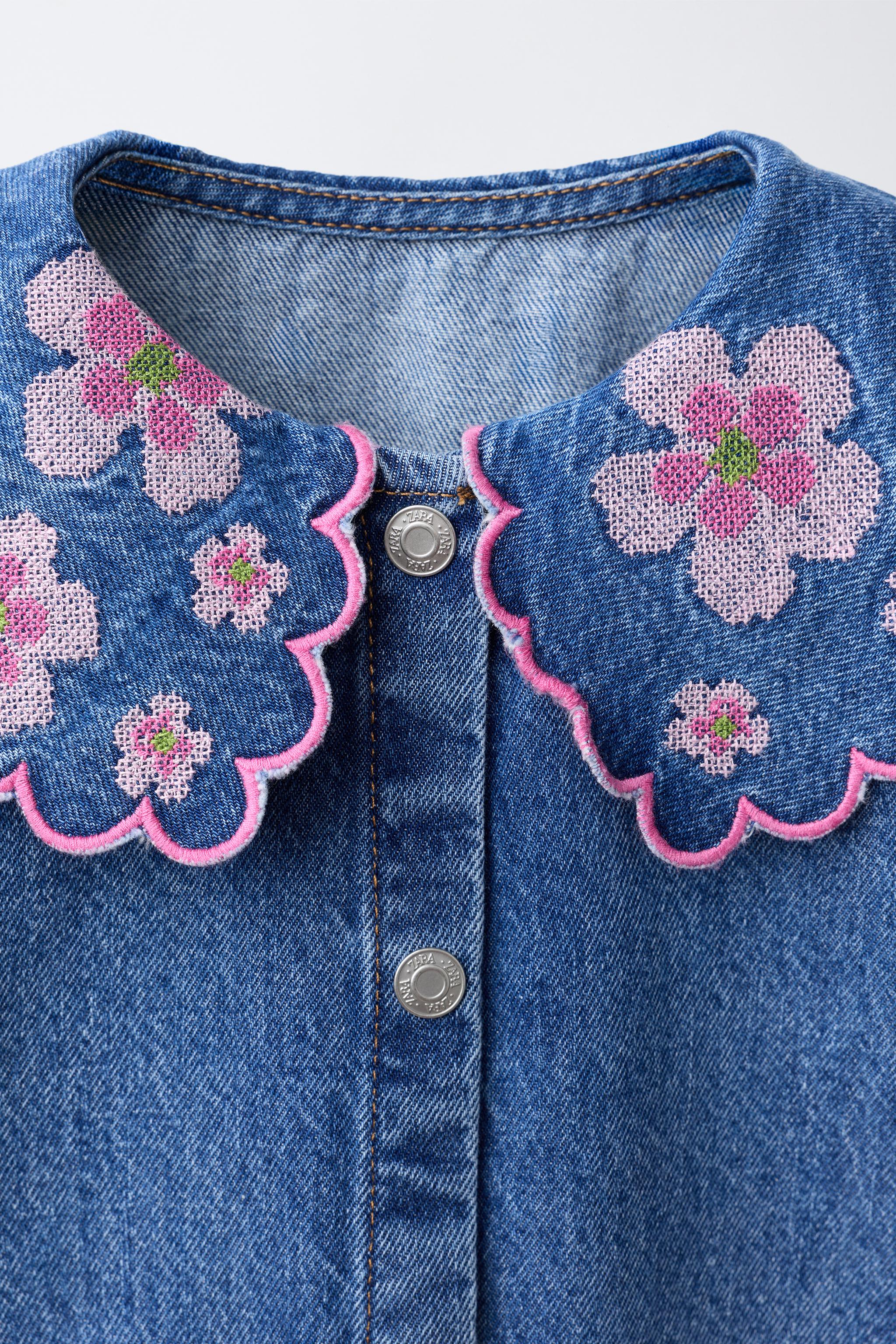Детские платья Zara FLORAL EMBROIDERED DENIM DRESS — фото 3