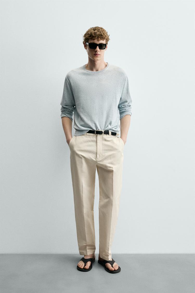 ZARA COTTON/LINEN STRAIGHT-LEG CHINO TROUSERS