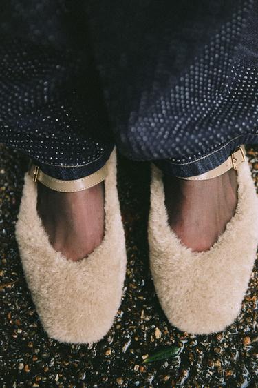 FAUX FUR BALLERINAS WITH STRAP - Ecru by Zara - Image 1