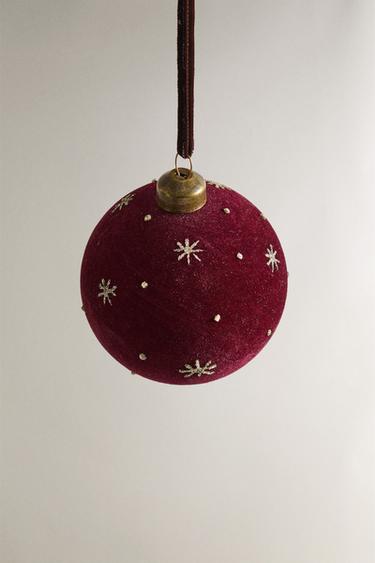 VELVET BAUBLE CHRISTMAS TREE DECORATION WITH STARS - Burgundy by Zara - Image 1