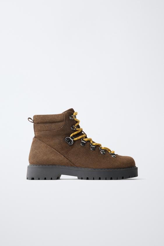 Zara 真皮登山綁帶靴 - 棕色 - 圖片 0