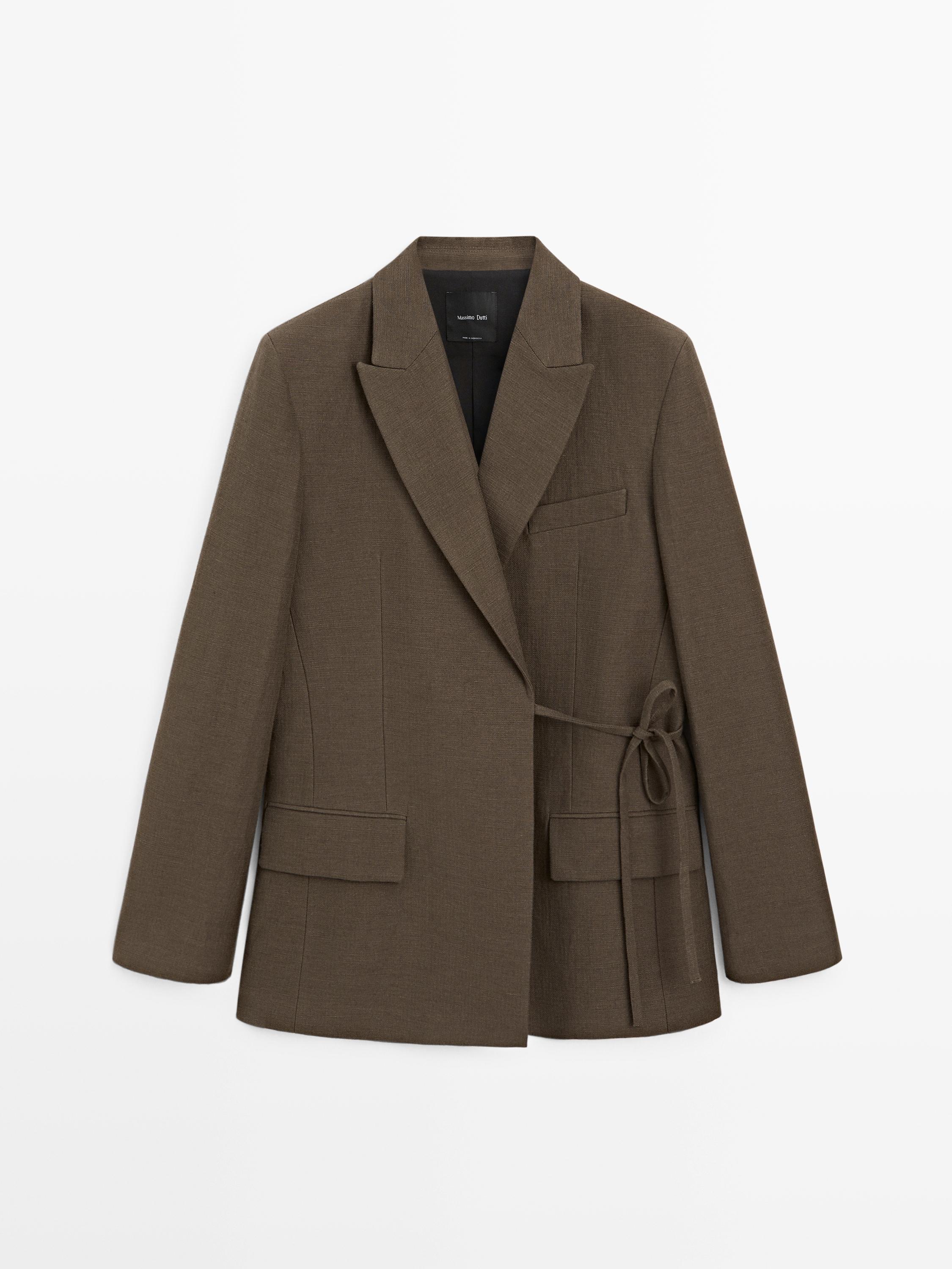 Double-breasted cotton blend blazer with tie detail