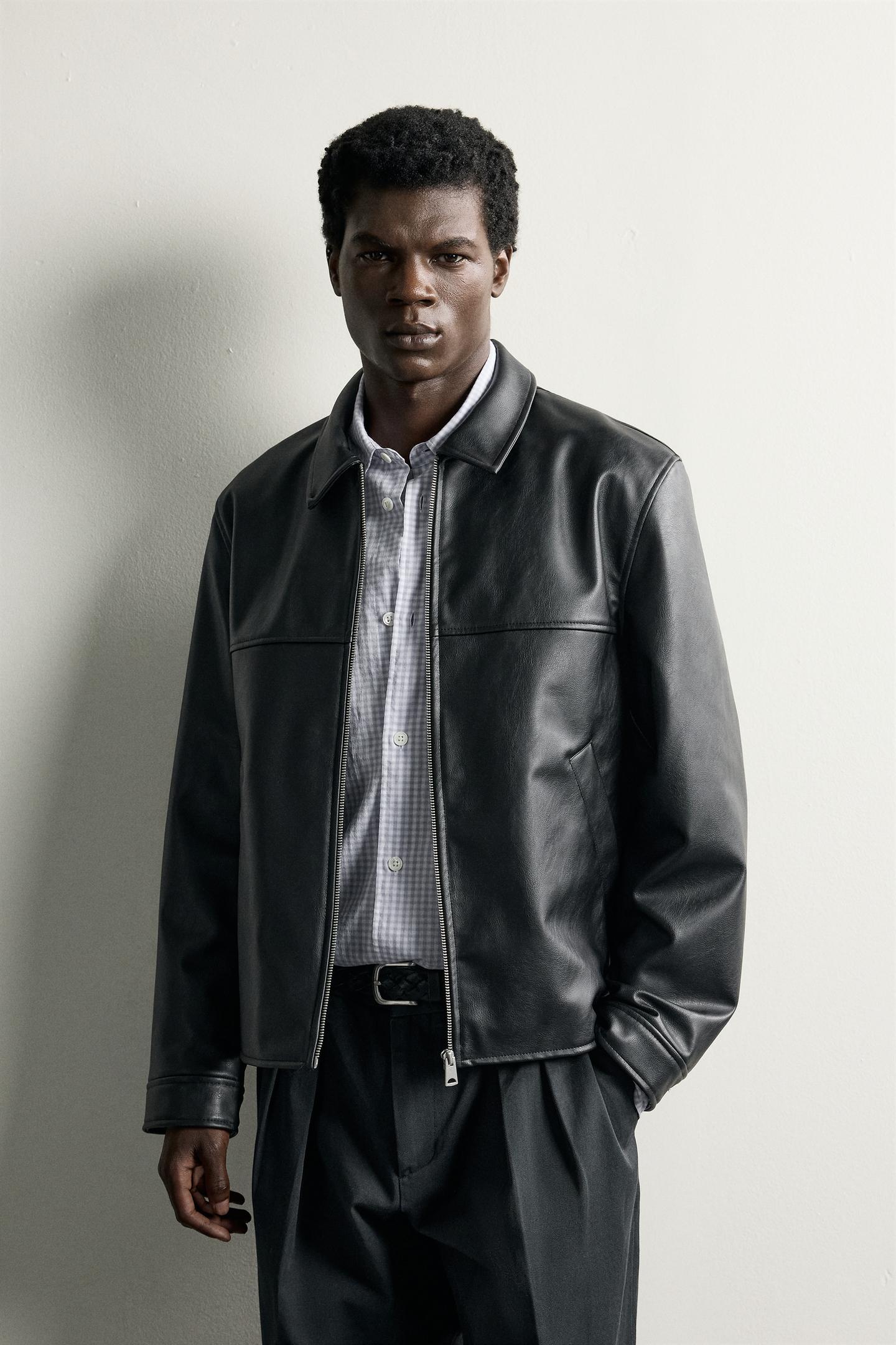 Мужская куртка Zara Regular Fit Faux-Leather-Effect, цвет: Чёрный — фото 2