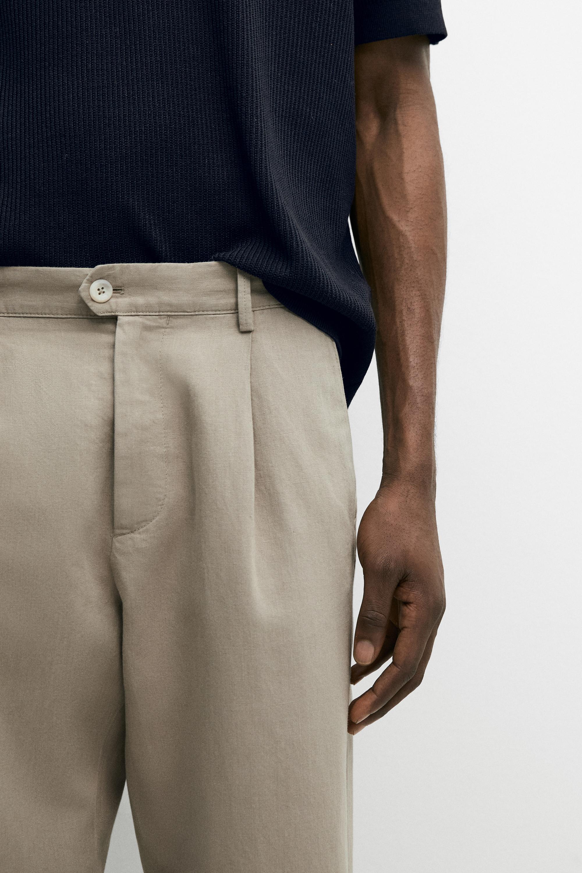 Pantalon straight à pinces en lin et coton