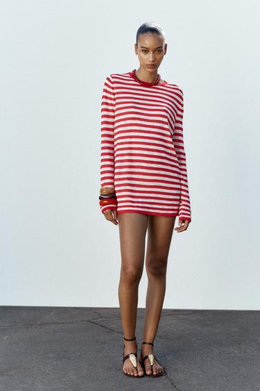 FINE KNIT STRIPED SWEATER - White / Red by Zara - Image 0