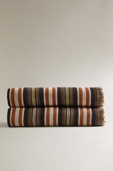 STRIPED COTTON BLANKET - Brown by Zara - Image 1