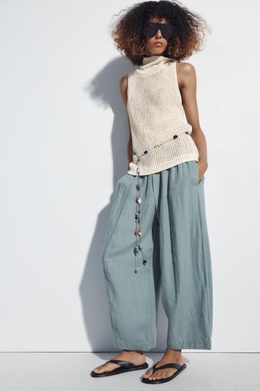 PANTALÓN BARREL LINO 100% ZW COLLECTION - Azul / Verde de Zara