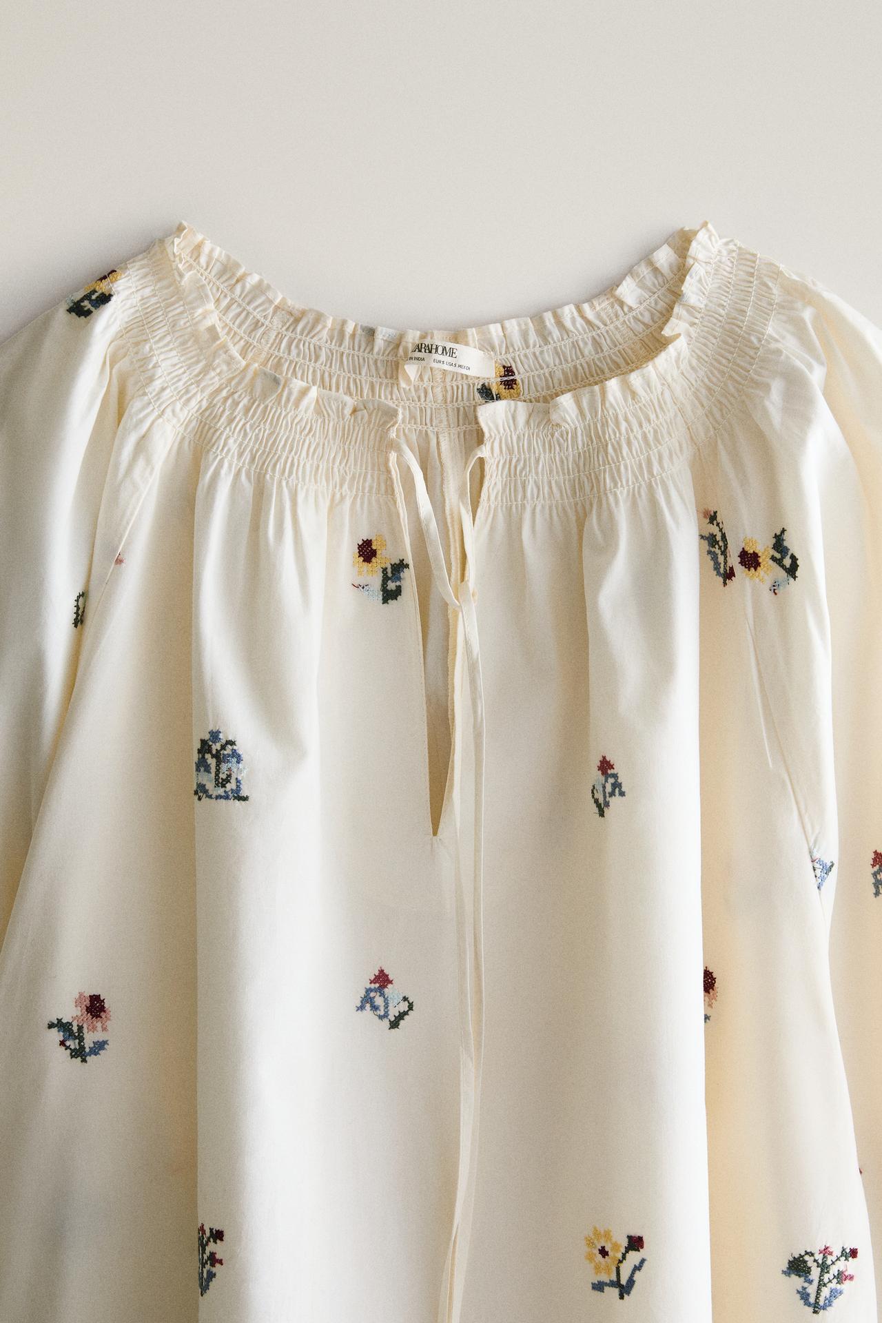 EMBROIDERED FLORAL PIJAMA SHIRT — Oyster-white
