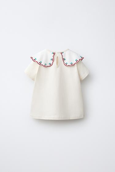 EMBROIDERED CONTRAST COLLAR TOP — Ecru 2
