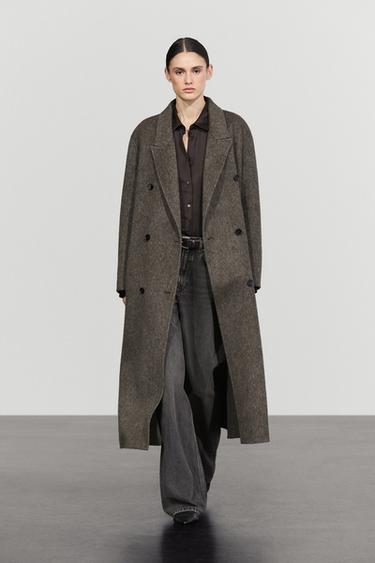 Abrigo largo cruzado mezcla lana - Khaki oscuro de Zara - Imagen 0