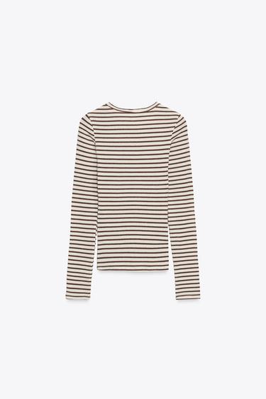 STRIPED LONG SLEEVE T-SHIRT - Ecru / Brown by Zara - Image 4