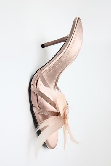 Zara FEATHER DETAIL HEELED SANDALS - Pastel Pink