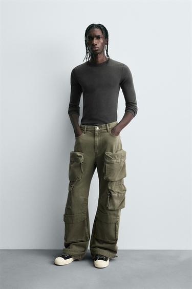 Zara DENIM CARGO PANTS WITH POCKETS - Green - Image 0