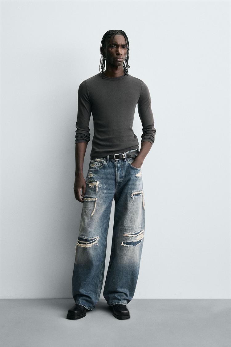 RIPPED BALLOON FIT JEANS Mid-blue ZARA UAE Dubai/Sharjah