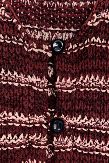 Zara COMBINATION KNIT CARDIGAN - White / Maroon