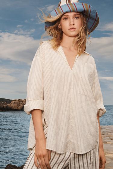 СМУГАСТА СОРОЧКА З РОЗРІЗАМИ - LIMITED EDITION - Екрю/чорний Zara