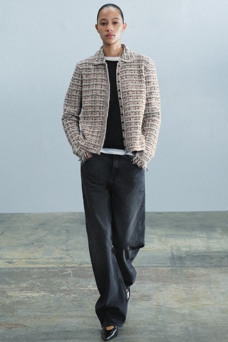 TEXTURED CARDIGAN WITH FRAYED CUFFS — Pink