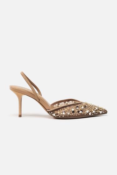 MESH AND BEAD SLINGBACK HEELS - Light beige by Zara