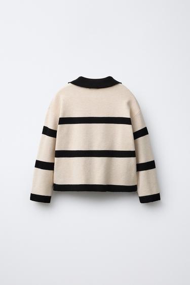 STRIPED KNITTED POLO SHIRT WITH HEART DETAIL - Ecru / Black by Zara - Image 1