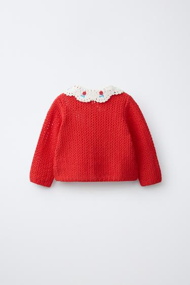 EMBROIDERED PETER PAN COLLAR CARDIGAN - Red by Zara - Image 1