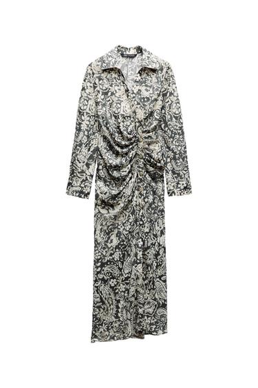 GATHERED PRINTED MIDI DRESS