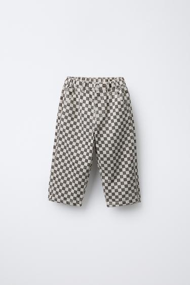 CHECKERBOARD TWILL BAGGY TROUSERS - Ecru / Brown by Zara