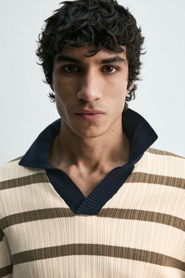 STRIPED KNIT POLO SHIRT - Ecru by Zara - Image 4