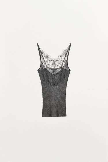 KNIT LACE STRAP TOP - Grey by Zara