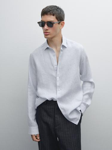 Camisa rayas slim fit 100% lino - Blanco de Zara