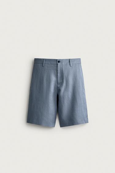 Zara 100% LINEN RELAXED FIT BERMUDA SHORTS - Faded blue