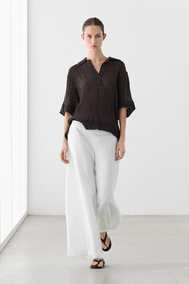 Zara Flowing linen blend polo blouse - Brown - Image 0