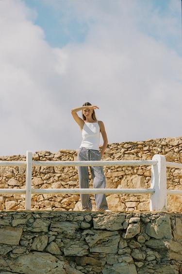 Zara STRIPED WIDE LEG PANTS - White / Navy - Image 0