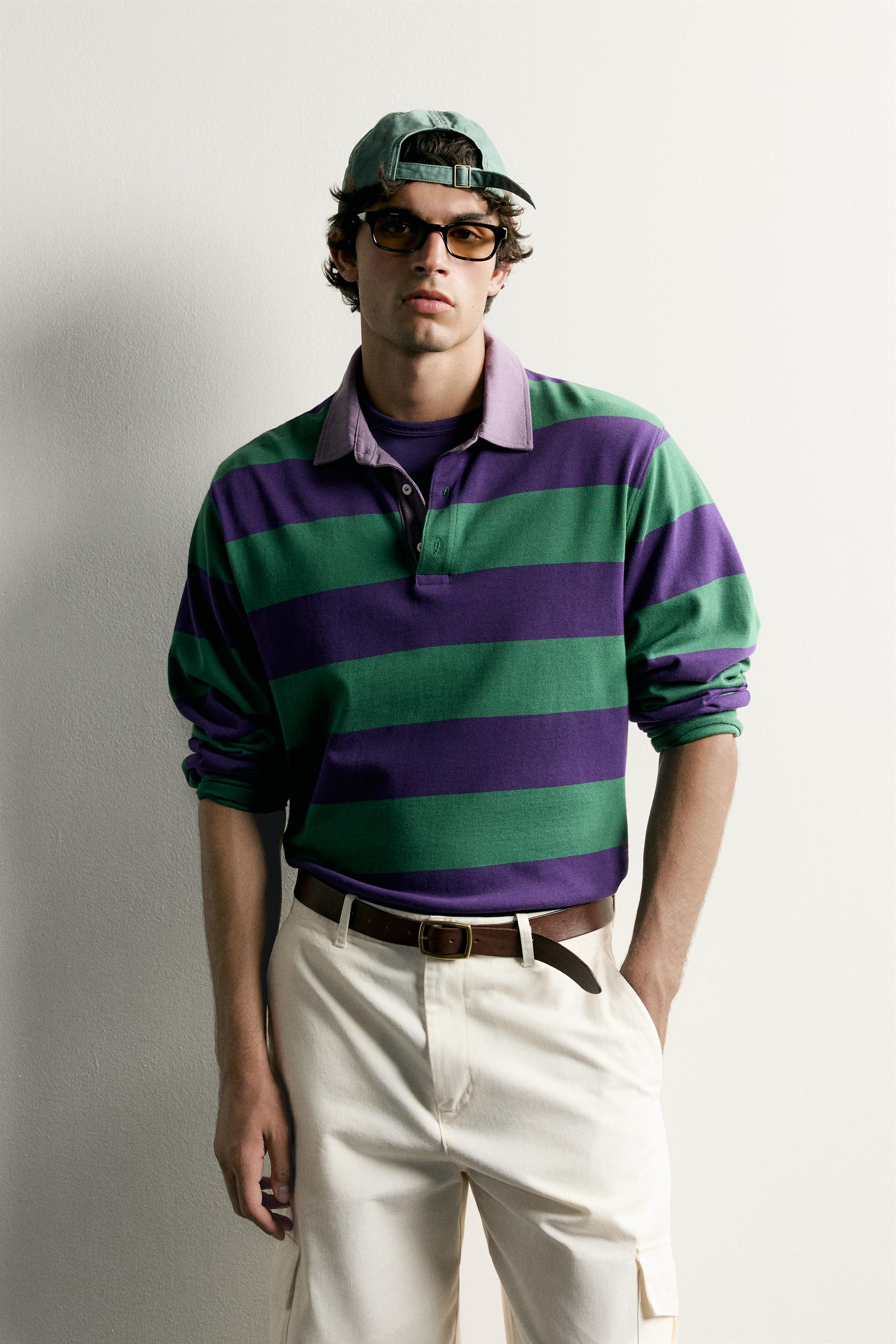 CONTRAST COLLAR STRIPED REGULAR FIT POLO — Purple