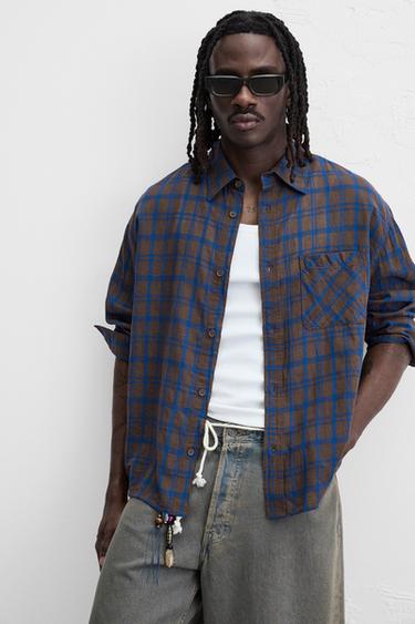 CHECK COTTON/LINEN SHIRT - Brown-Blue de Zara - Image 5