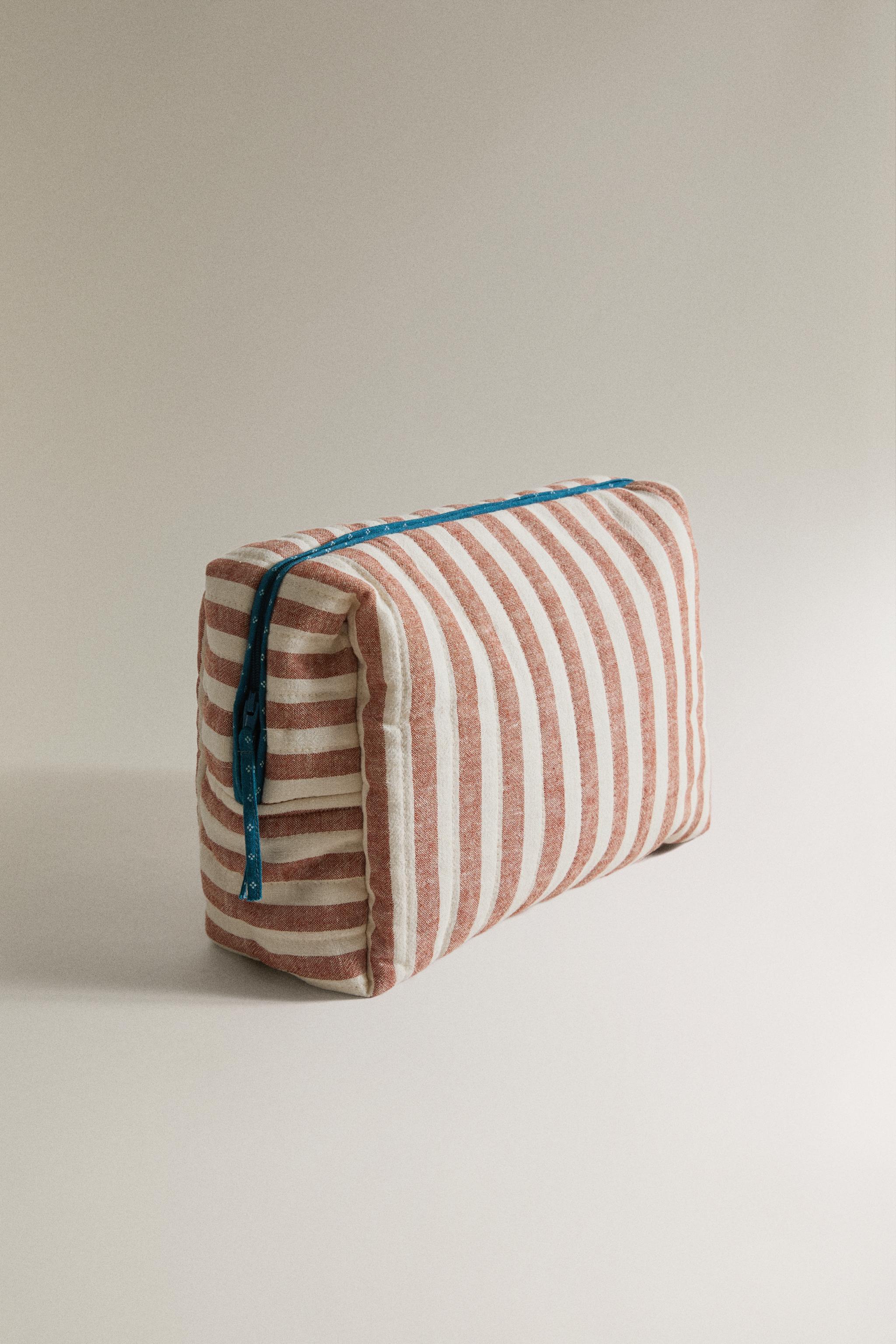 KIDS' LINEN AND COTTON STRIPED MAKEUP BAG — Brick