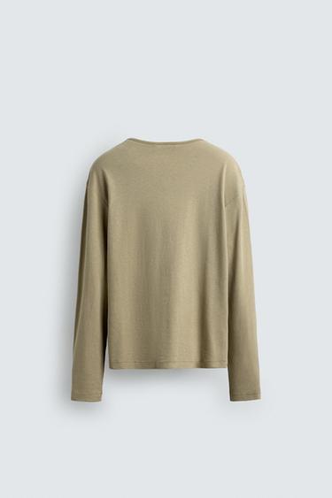 COTTON - LINEN HENLEY T-SHIRT - Dark beige by Zara - Image 7