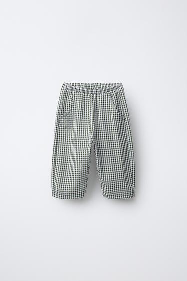 Zara BAGGY GINGHAM PANTS - Green / Ecru