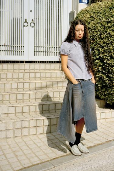 TRF 언밸런스 데님 미디 스커트 - Zara 블루