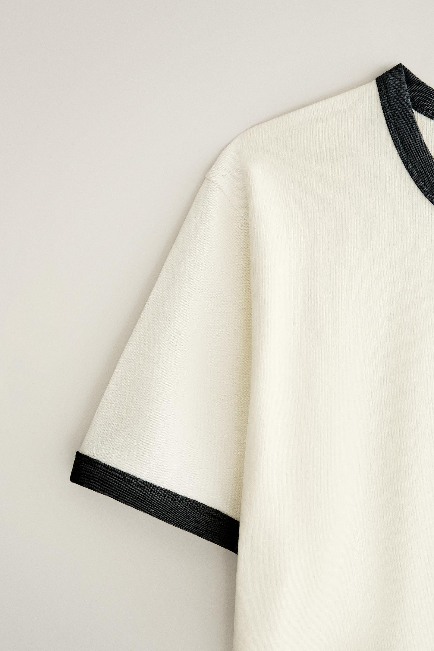 Женская футболка Zara Contrast Trim Short Sleeve, цвет: Экрю / Синий — фото 3