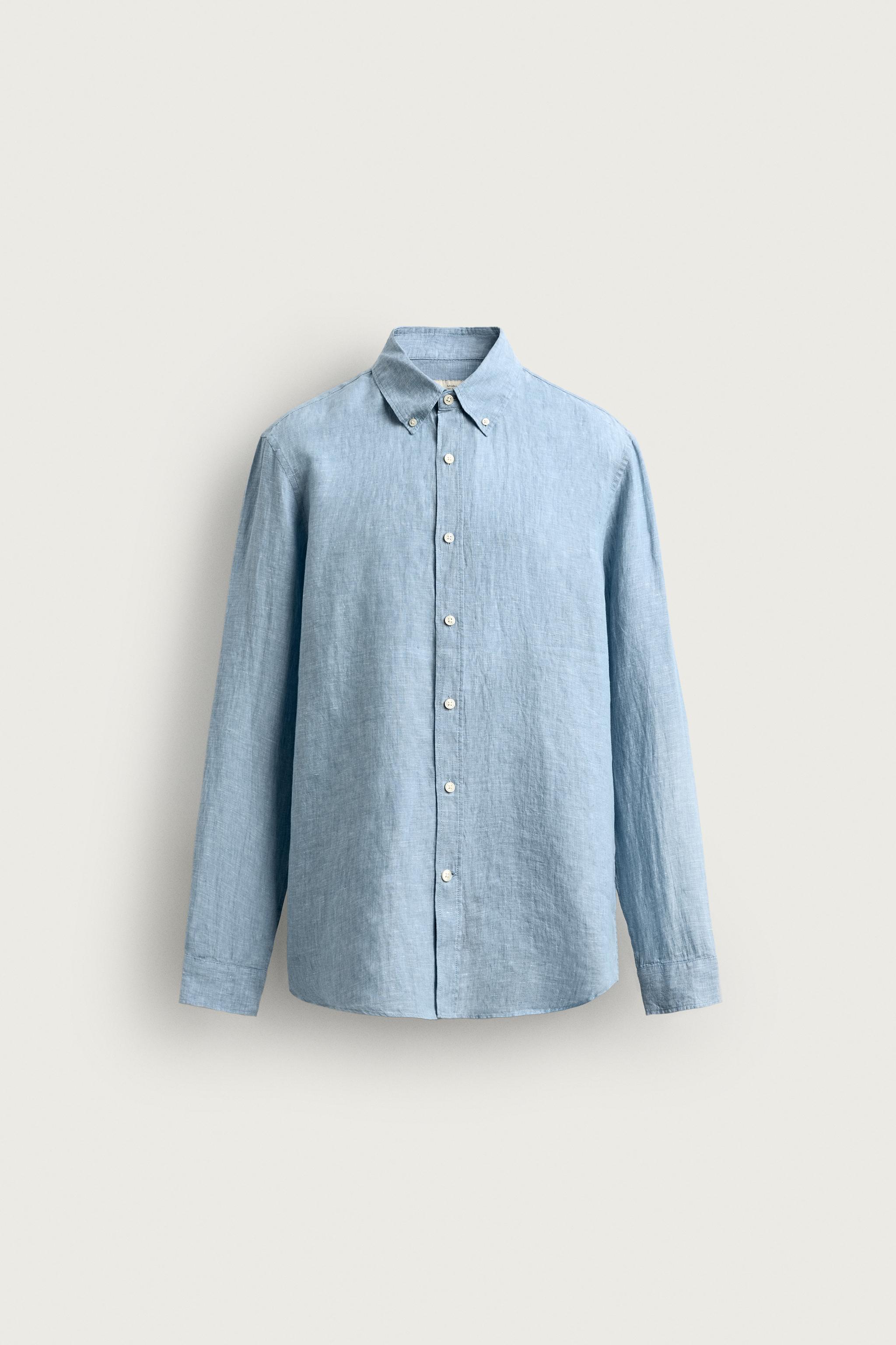 100% LINEN REGULAR FIT SHIRT — Faded sky blue