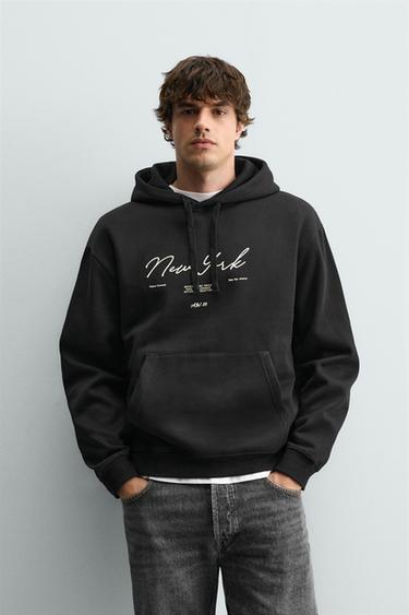 Zara PRINTED HOODIE SWEATSHIRT - Black