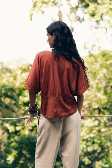 LACE TRIM LINEN BLEND TOP - Terracotta by Zara - Image 2