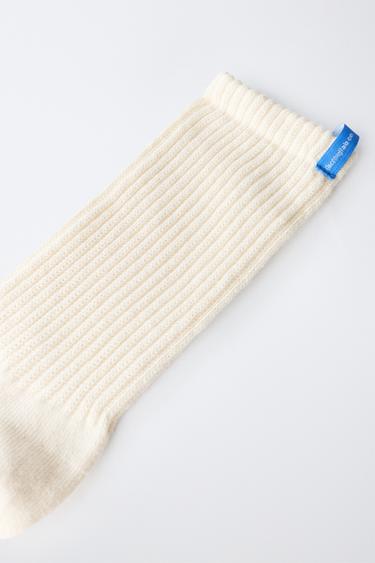 RIBBED MID-CALF SOCKS WITH LABEL — Ecru 2