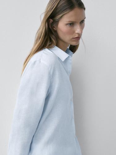 Chemisier fluide milleraies 100 % lin - Bleu ciel de Zara